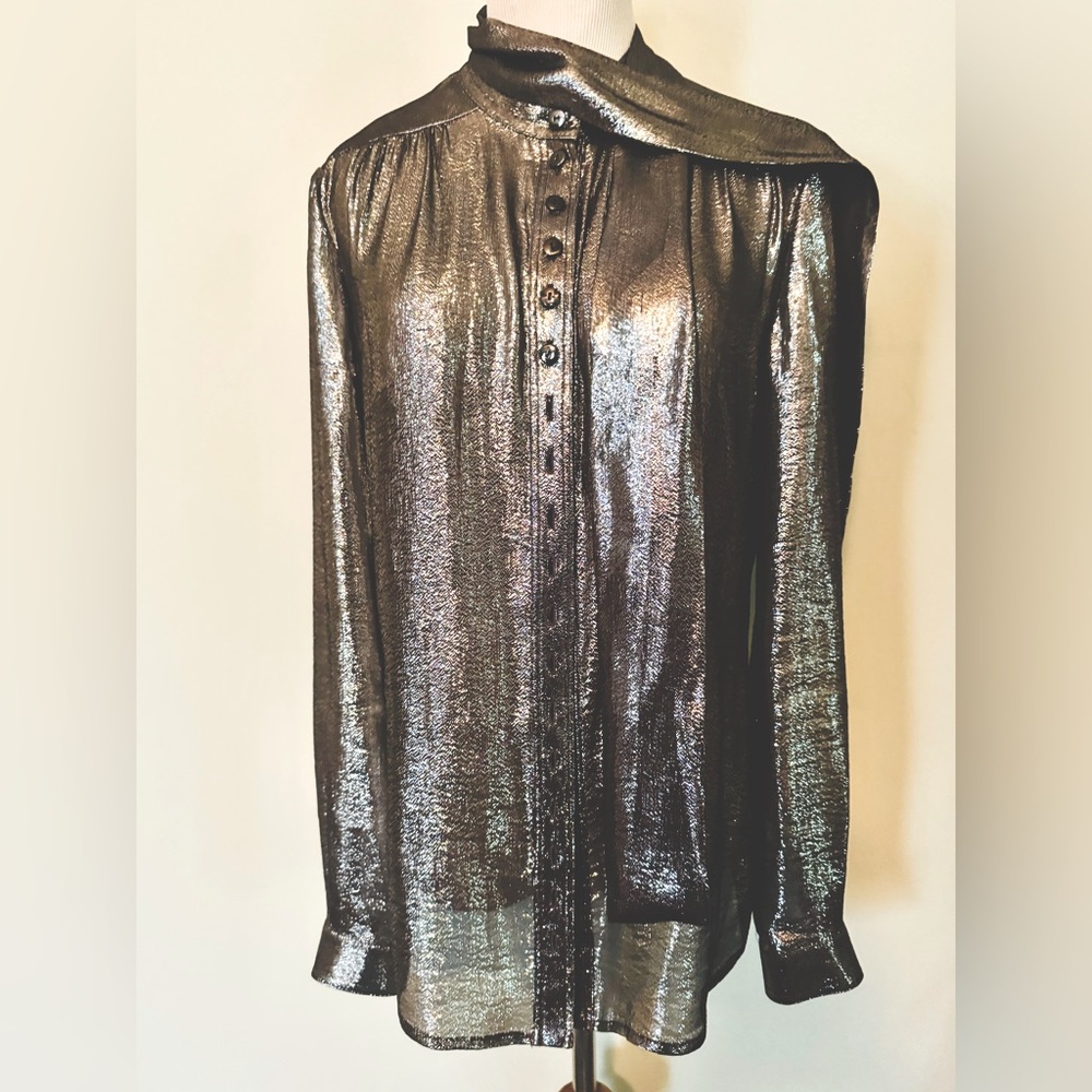 🆕 [Per Se] Silver Metallic Silk Blouse w/Scarf Sz: US 4